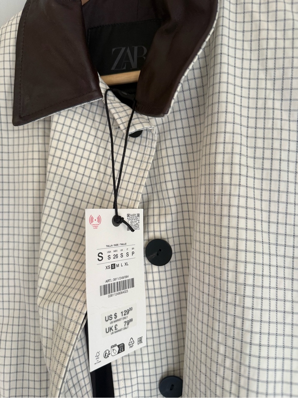 Zara Cream Checked Trench Coat with Dark Brown Collar - Picture 4 of 4
